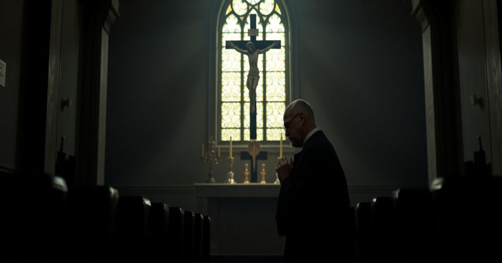 Ksiądz w modlitwie przed Wielkim Postem w tradycyjnym kościele katolickim