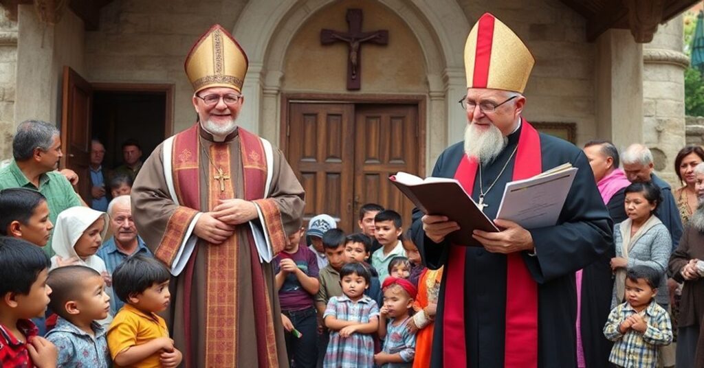Ks. Kryśca rozdziela pomoc materialną przed budynkiem kościelnym na Wschodzie, podczas gdy tradycyjny kapłan modli się z dzieciami w tle.