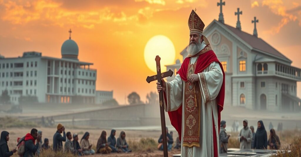 Obraz przedstawiający współczesną misję katolicką w duchu postsoborowym, skupiającą się na działalności charytatywnych i edukacyjnej zamiast na nawróceniu do prawdziwej wiary katolickiej.