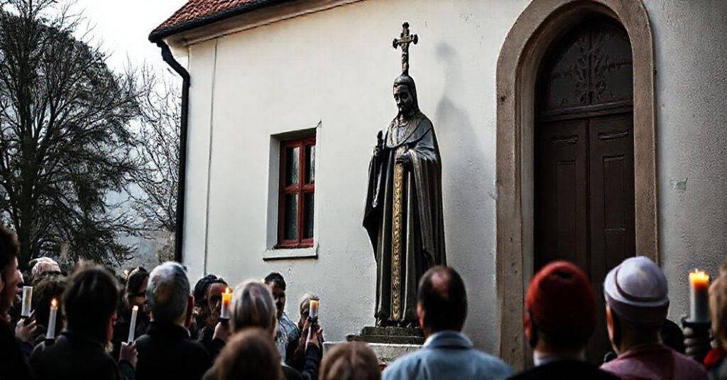 Sobór w Ostrowie Wielkopolskim, gdzie biskup Damian Bryl poświęca figurę "św. Jana Pawła II" przed Domem Księży Emerytów. Scena odbija modernistyczne odstępstwa od katolickiej doktryny.