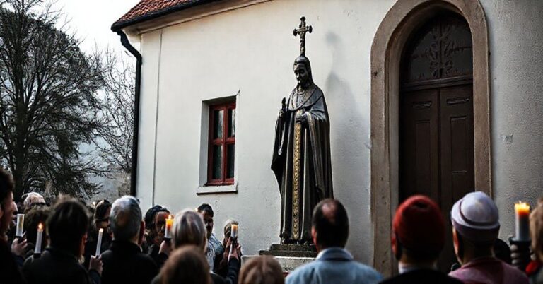 Sobór w Ostrowie Wielkopolskim, gdzie biskup Damian Bryl poświęca figurę "św. Jana Pawła II" przed Domem Księży Emerytów. Scena odbija modernistyczne odstępstwa od katolickiej doktryny.