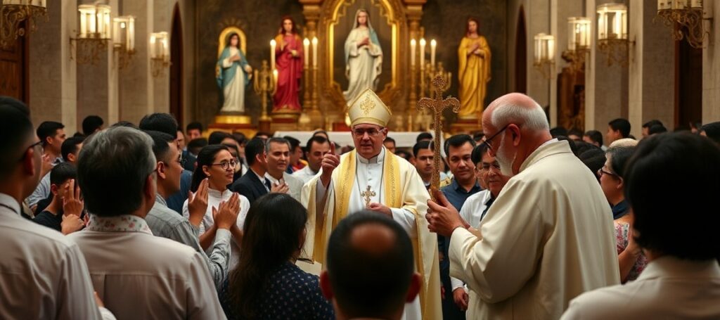 Wizja tradycyjnego kościoła katolickiego w Kolumbii podczas uroczystości poświęcenia Niepokalanemu Sercu Maryi przez abpa Francisca Javiera Múnerę.