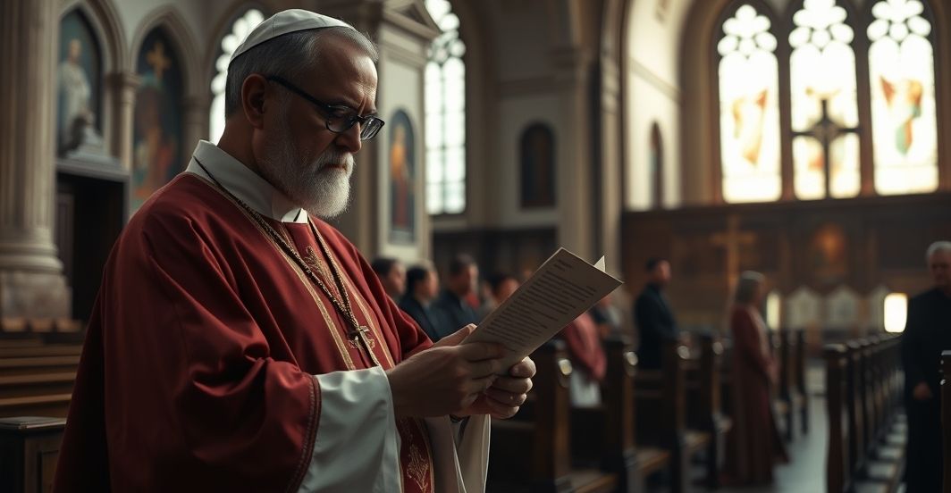 Obraz realistyczny ukazujący kapłana w poważnej, refleksyjnej scenie w kościele, symbolizującego moralne zaniepokojenie zbrodniami aborcyjnymi i krytykę nowoczesnych praktyk przeciwko nauce Kościoła