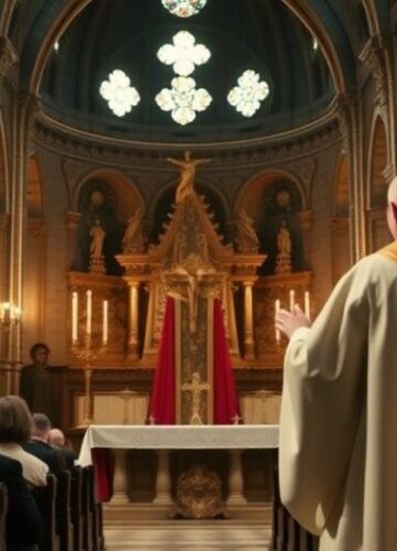 Msza święta w tradycyjnej katolickiej bazylice z poważnym kapłanem Koncelebrowana msza w starej bazylice z kapłanem w tradycyjnym stroju, ukazująca powagę i duchowość katolickiego kultu
