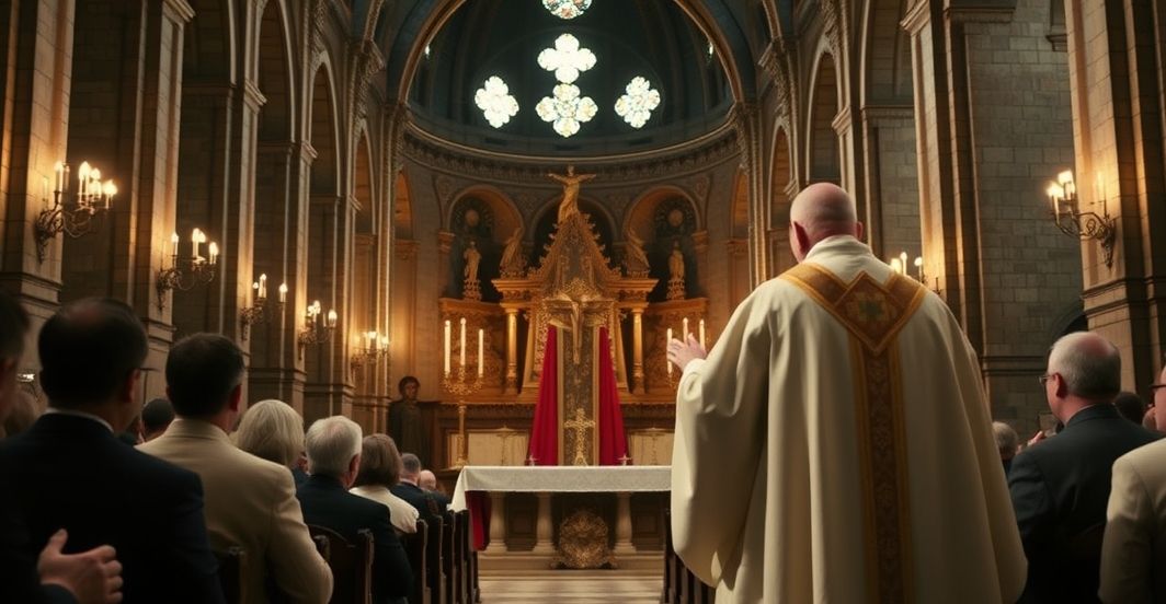 Msza święta w tradycyjnej katolickiej bazylice z poważnym kapłanem Koncelebrowana msza w starej bazylice z kapłanem w tradycyjnym stroju, ukazująca powagę i duchowość katolickiego kultu