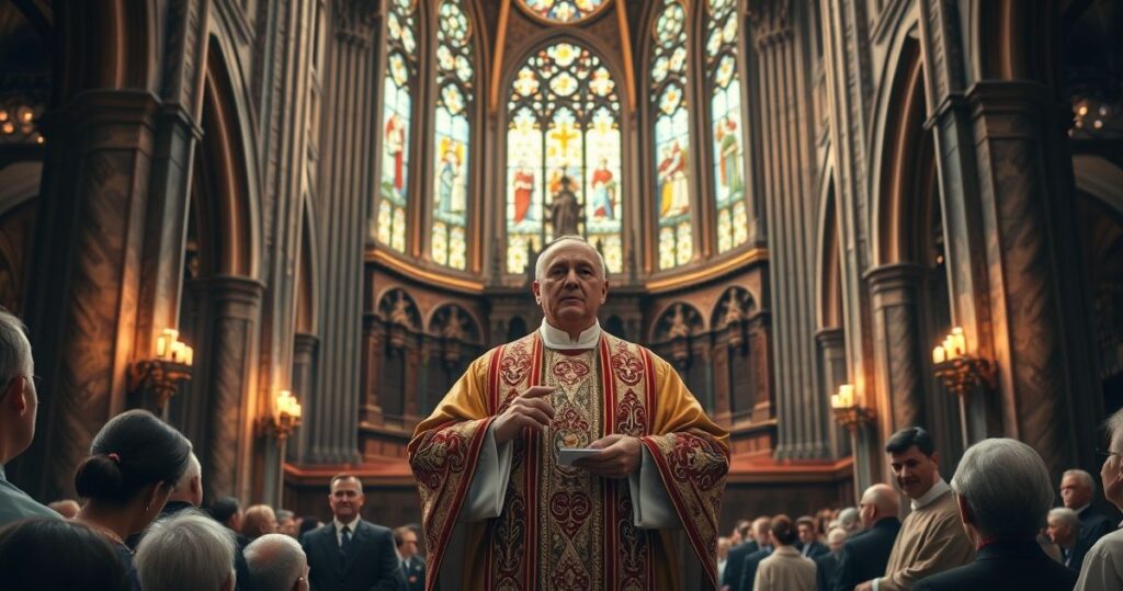 Koncelebrowana scena w kościele z biskupem mówiącym do wiernych, odzwierciedlająca powagę i tradycję katolicką, krytycznie wobec modernistycznych wpływów