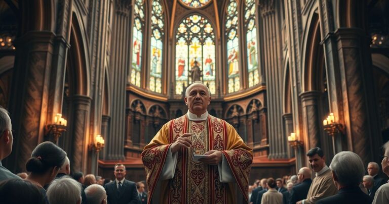 Koncelebrowana scena w kościele z biskupem mówiącym do wiernych, odzwierciedlająca powagę i tradycję katolicką, krytycznie wobec modernistycznych wpływów