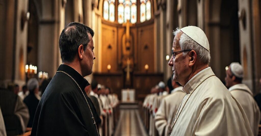 Sanktuarium katolickie z duchownymi w tradycyjnych sutannach, wyrażające powagę i refleksję religijną