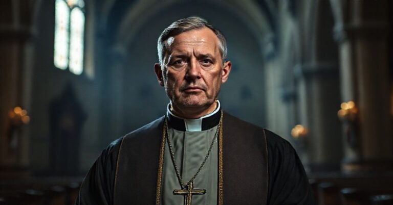 Poważny portret tradycyjnego księdza katolickiego w surowym stroju liturgicznym, wyraz twarzy pełen głębokiej refleksji i smutku.