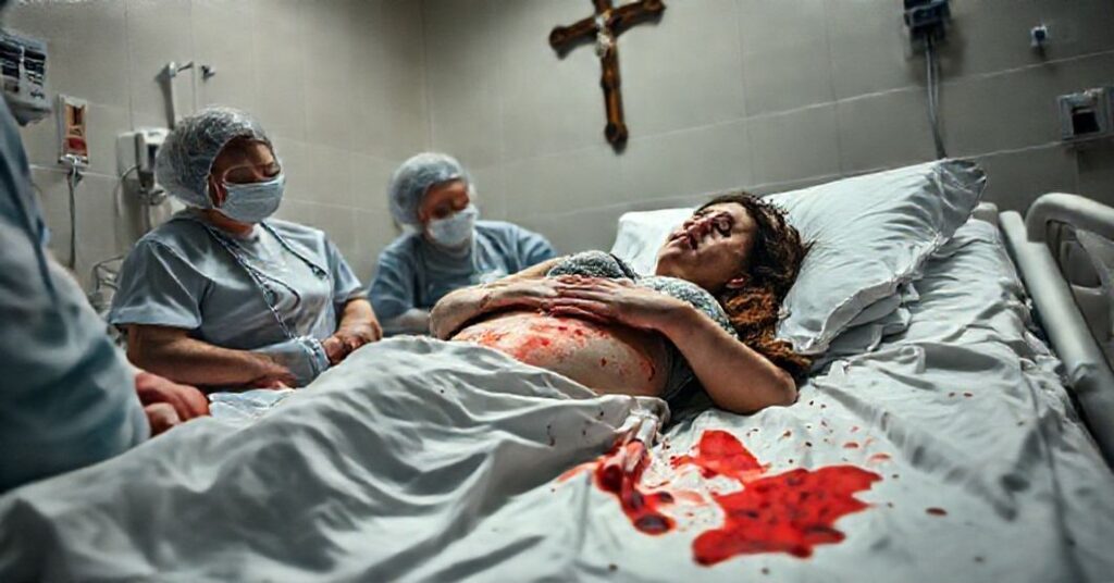 Zmęczona kobieta Cherise Basque leży na szpitalnym łóżku po aborcji farmakologicznej w katolickim szpitalu.