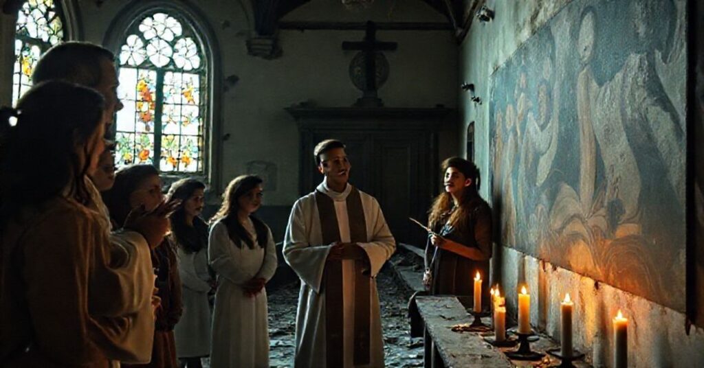 Zaniedbany kościół z grupą młodzieży malującą freski pod okiem księży. Scena jest poważna i współczesna.