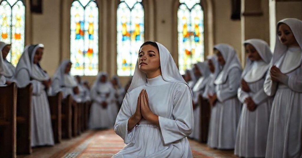 Młoda kobieta klęcząca w modlitwie w tradycyjnym klasztorze katolickim otoczona przez siostry w habitach z delikatnym światłem sączy się przez witraże.