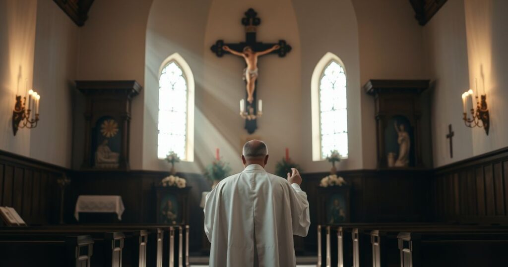 Fotografia realistycznego, pełnego szacunku obrazu kapłana w modlitwie w kaplicy, symbolizująca boskie powołanie zgodnie z nauką katolicką.