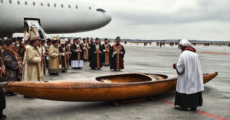 Obraz przedstawia powrót 62 artefaktów rdzennym mieszkańcom Kanady przez Muzea Watykańskie pod przewodnictwem 'papieża' Leona XIV. Na tle lotniska w Montrealu widoczne są przedstawiciele Pierwotnych Narodów i duchowni w tradycyjnych szatach. Scena podkreśla konflikt między prawdziwą ewangelizacją a rewizjonistyczną narracją o 'pojednaniu'.