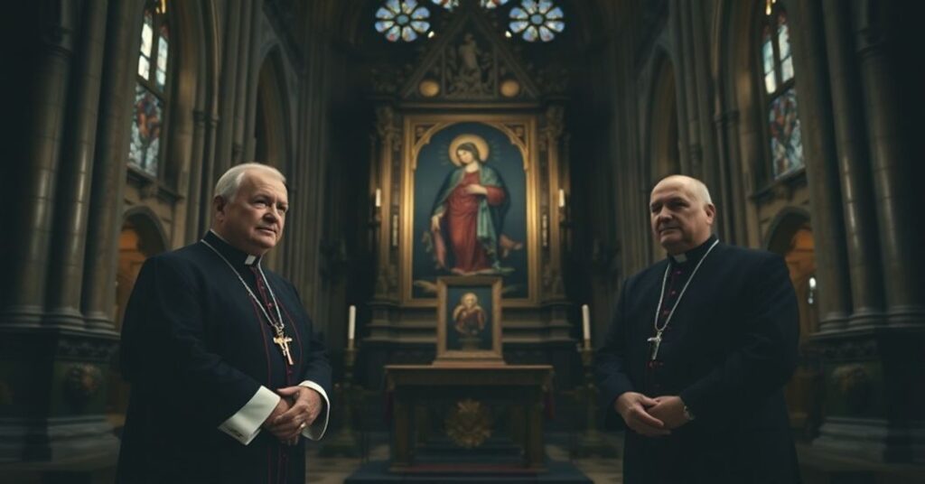 Obraz przedstawia moment w Kaplicy Polskiej w Katedrze Notre Dame w Paryżu, gdzie wystawiono kopię Matki Boskiej Częstochowskiej. W tle znajduje się rozbudowana gotycka architektura katedry.