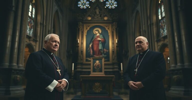 Obraz przedstawia moment w Kaplicy Polskiej w Katedrze Notre Dame w Paryżu, gdzie wystawiono kopię Matki Boskiej Częstochowskiej. W tle znajduje się rozbudowana gotycka architektura katedry.