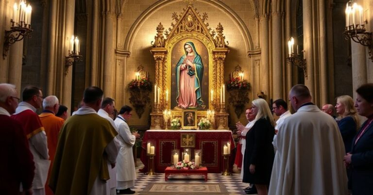 Polska kaplica w Notre Dame w Paryżu z kopią obrazu Matki Bożej Częstochowskiej podczas uroczystości z udziałem Marty Nawrockiej.