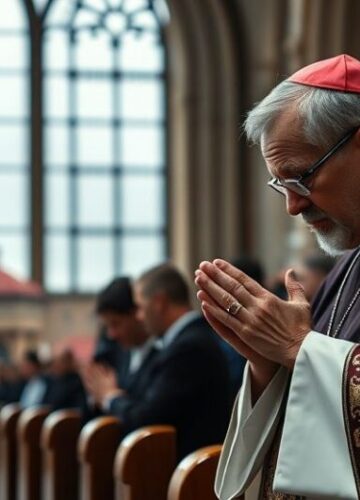 Kardynalna konieczność powrotu do Chrystusa w obliczu współczesnego kryzysu moralnego Ksiądz katolicki modli się w sakralnym wnętrzu, symbolizując odnowę duchową i konieczność powrotu do Chrystusa w obliczu kryzysu moralnego.