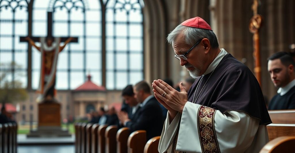 Ksiądz katolicki modli się w sakralnym wnętrzu, symbolizując odnowę duchową i konieczność powrotu do Chrystusa w obliczu kryzysu moralnego.