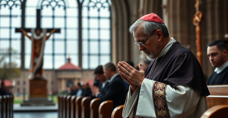 Ksiądz katolicki modli się w sakralnym wnętrzu, symbolizując odnowę duchową i konieczność powrotu do Chrystusa w obliczu kryzysu moralnego.