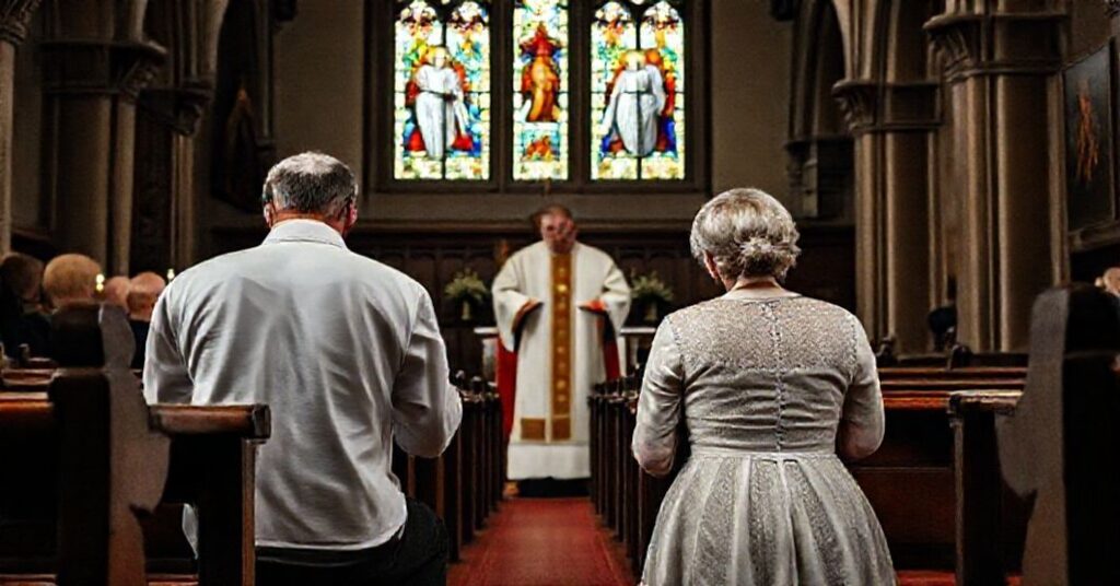 Stara para modląca się w tradycyjnej katolickiej kaplicy przed spowiedzią.