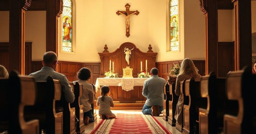 Tradycyjna katolicka rodzina modli się w kaplicy przed ołtarzem z krzyżem i świecami.