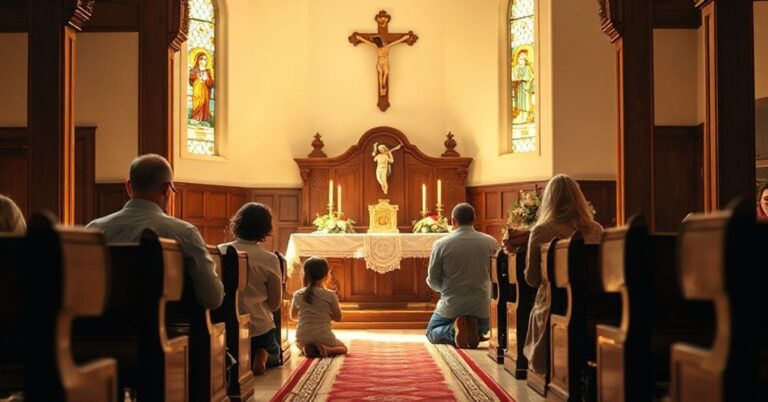 Tradycyjna katolicka rodzina modli się w kaplicy przed ołtarzem z krzyżem i świecami.