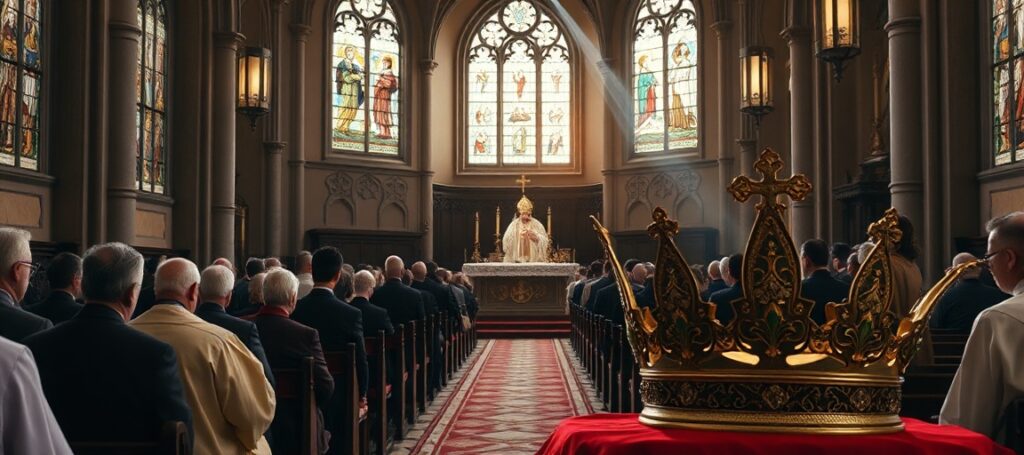Wszechmogący kościół katolicki z wiernymi modlącymi się w tradycyjnej liturgii trydenckiej