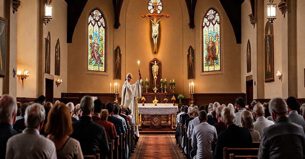 Tradycyjna katolicka msza św. w polskim kościele z zaznaczeniem ofiary eucharystycznej