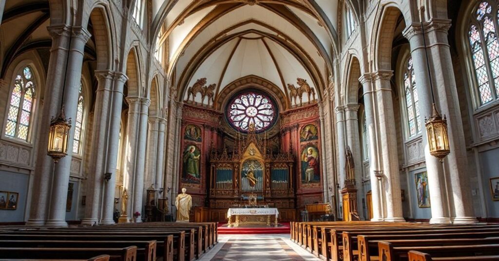 Tradycyjny katolicki kościół z konfesjonałem i kapłanem celebrowa Mszę Świętą, symbolizujący powrót do prawdziwej spowiedzi