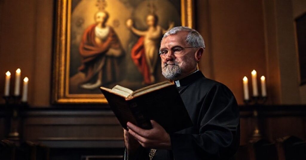 Tradycyjny katolicki kapłan w ciemnym habitcie stoi w oświetlonej przez świece kaplicy trzymając stary trydencki mszał. Na tle widać obrazy św. Piusa X.