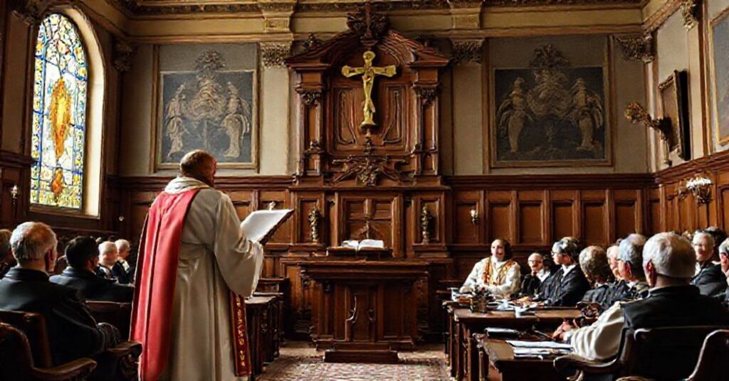 Prasowoznawczy obraz przedstawiający scenę z austriackiego parlamentu, gdzie kapłan w ornatach czytuje Pismo Święte przed zebranymi parlamentarzystami. Scena podkreśla powrót do tradycyjnych norm językowych i przestrzegania prawa boskiego.