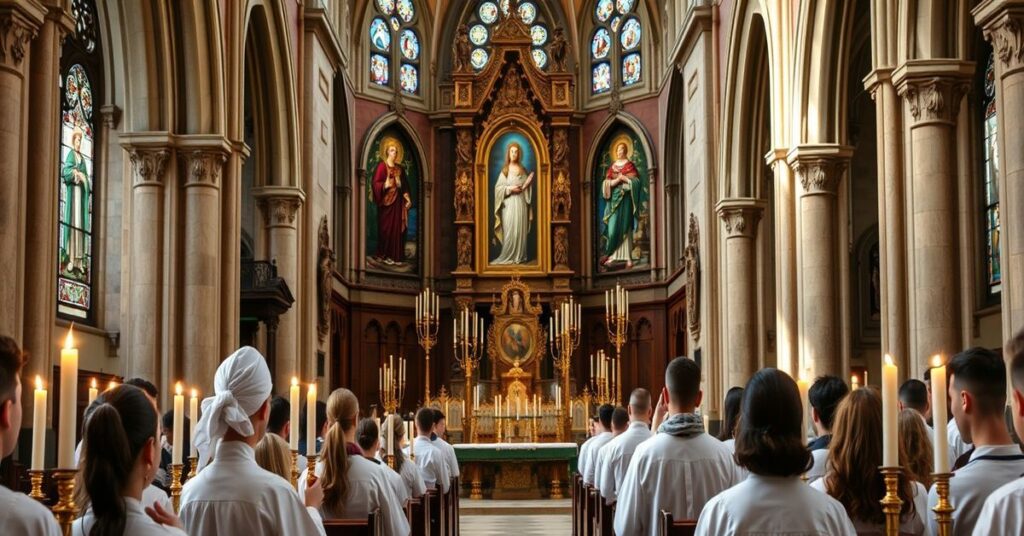 Grupa młodzieży modli się w tradycyjnej hiszpańskiej cerkwi podczas mszy trydenckiej. Scena pełna powagi i nastrojowości ukazuje autentyczną odnowę wiary.