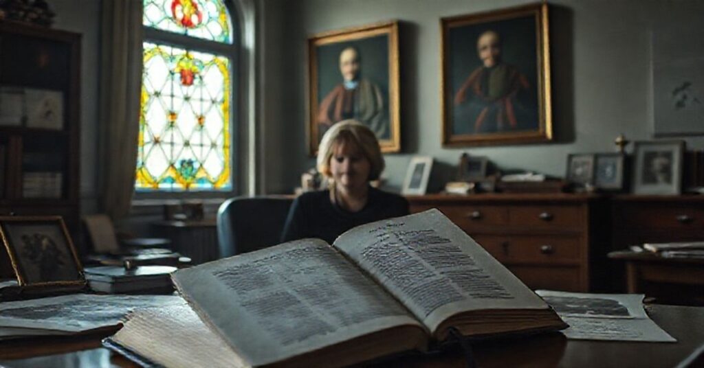 Scena w berlińskim oddziale Instytutu Pileckiego: Hanna Nowak-Radziejowska powraca do pracy po zwolnieniu, w tle portret Blogosławionego Jerzego Popiełuszki i otwarta encyklika Piusa XI Quas Primas.