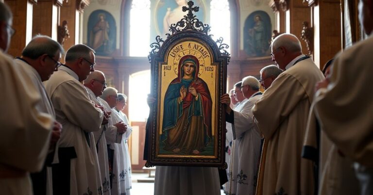 Ikona Matki Boskiej Częstochowskiej w kościele katolickim otoczona tradycyjnymi duchownymi w strojach sprzed Soboru Watykańskiego II. Scena podkreśla świętość i pobożność momentu powrotu ikony do kaplicy katedralnej.