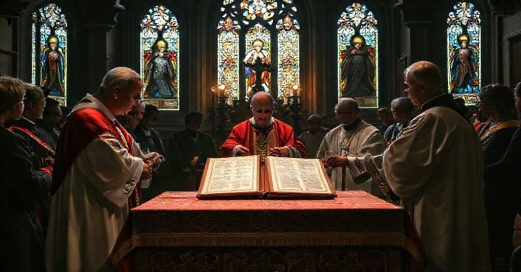 Uroczyste przekazanie średniowiecznych pergaminów w katedrze płockiej przez "abp" Adriana Galbasa "bp" Szymonowi Stułkowskiemu.
