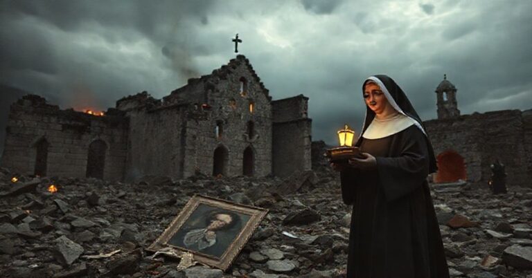 Pożar klasztoru Bernaga z widocznym reliktem Carlo Acutisa i smętną zakonnicą w tradycyjnym habicie
