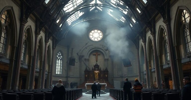 Uszkodzony dach kościoła pod wezwaniem Najświętszego Serca Jezusowego w Lublinie po pożarze z widocznymi strażakami i stojącym w tle modernistycznym "księdzem".