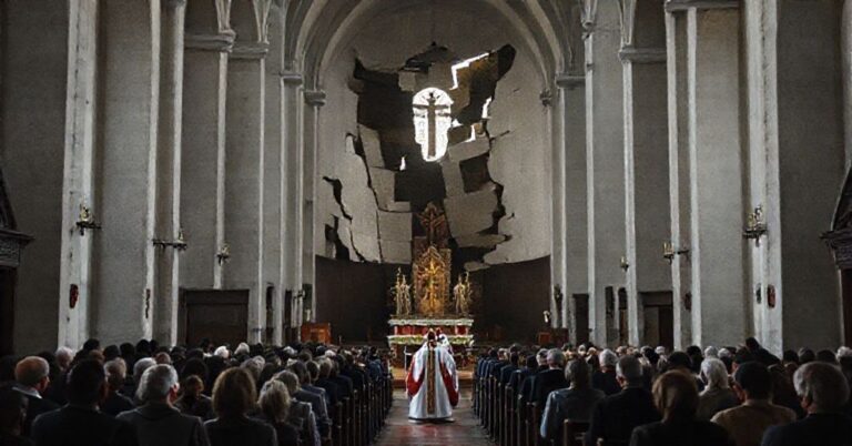 Wnętrze tradycyjnego kościoła katolickiego z uszkodzonym ołtarzem, skupiającym się na modernistycznej architekturze kościoła pw. Najświętszego Serca Jezusowego w Lublinie.