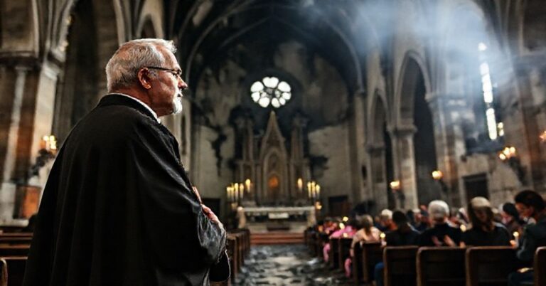 Zniszczony kościół pw. Najświętszego Serca Jezusowego w Lublinie z tradycyjnym księdzem modlącym się przed ruinami