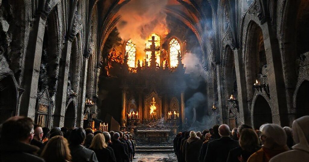 Wezwanie do pokuty: Pożar w kościele Najświętszego Serca Jezusowego w Lourdes jako symbol Bożego gniewu nad modernistycznym bałwochwalstwem.
