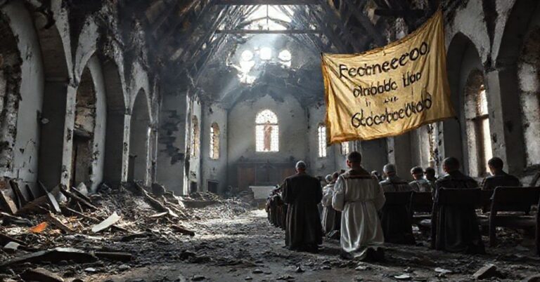 Zniszczony kościół Wniebowzięcia Najświętszej Maryi Panny i św. Jozafaty Kuncewicz w Sopotkinach po pożarze