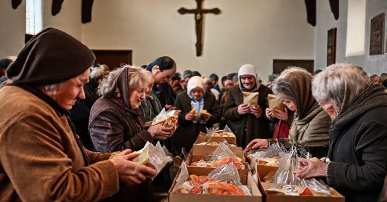 Tradycyjny katolicki zbiórka żywności w Poznaniu - starzy i ubodzy ludzie otrzymują pomoc od wolontariuszy w skromnym wnętrzu kościoła