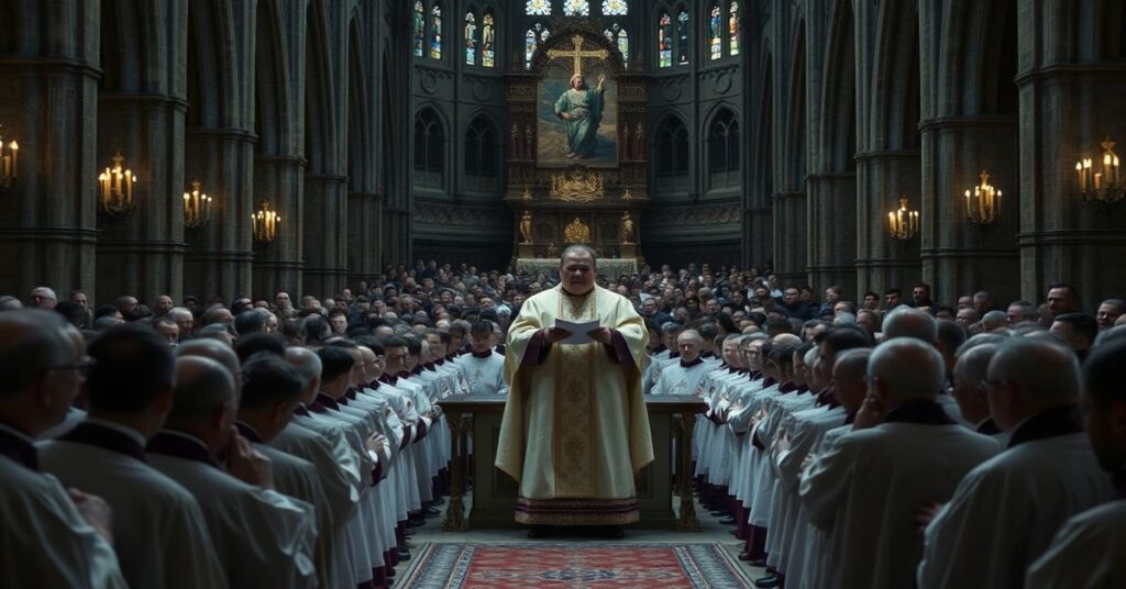 Poznańska katedra - wewnątrz w czasie tzw. Mszy Krzyżma w 2026 roku z 'abpem' Zbigniewem Zielińskim i setkami 'kapłanów' w nowoczesnych ornatach.