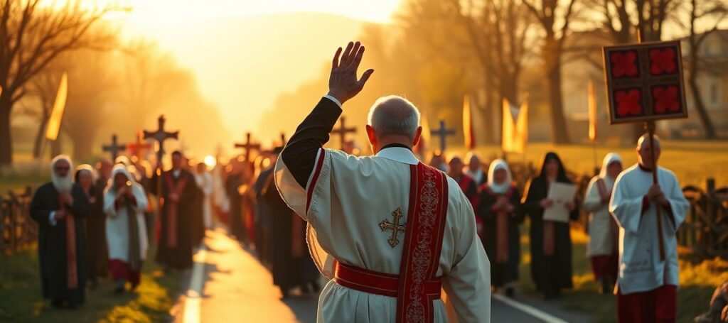 Pielgrzymka poznańska: uczestnicy maszerują w kierunku Jasnej Góry pod przewodnictwem pseudobiskupa bez sakramentalnej władzy - obraz krytyki posoborowego activizmu religijnego