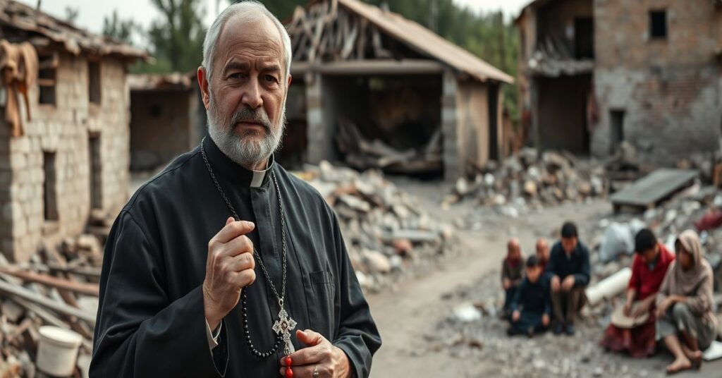 Książę katolicka w tradycyjnych szatach kapłańskich stoi w niszczycielskiej ukraińskiej wiosce, trzymając różaniec