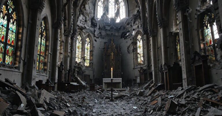 Zniszczony kościół w Lwowie po rosyjskim nalocie - symbol duchowej pustki neo-kościoła