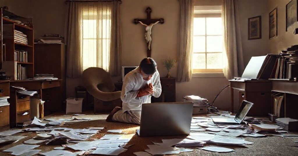 Kobieta w tradycyjnym stroju katolickim modli się w pokoju domowym z laptopem i rozpowszechnionymi papierami przy krzyżu, symbolizując napięcie między pracą zdalną a obowiązkami duchowymi.