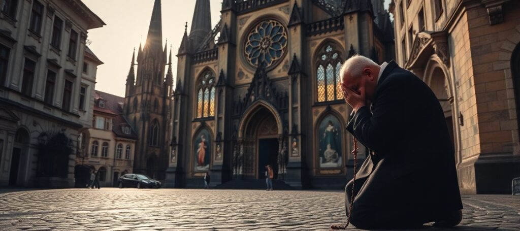 Praga: Katedra św. Wita i modlący się pielgrzym