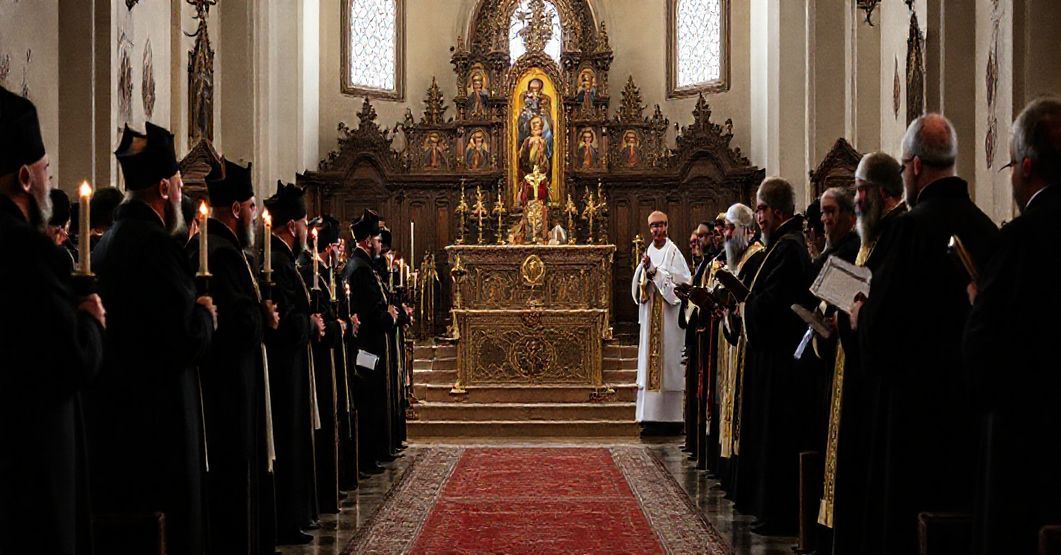 Obraz przedstawiający sanktuarium w Pratulinie z tradycyjnym katolickim ołtarzem i ikonami Kościoła Wschodniego. Na pierwszym planie stoją sedewakantyscy księża w tradycyjnych szatach liturgicznych trzymający świece i modlitewniki, podczas gdy na tle widoczni są przedstawiciele neo-koncyliarnych i ukraińskich greckokatolickich struktur biorący udział w ekumenicznych gestach.